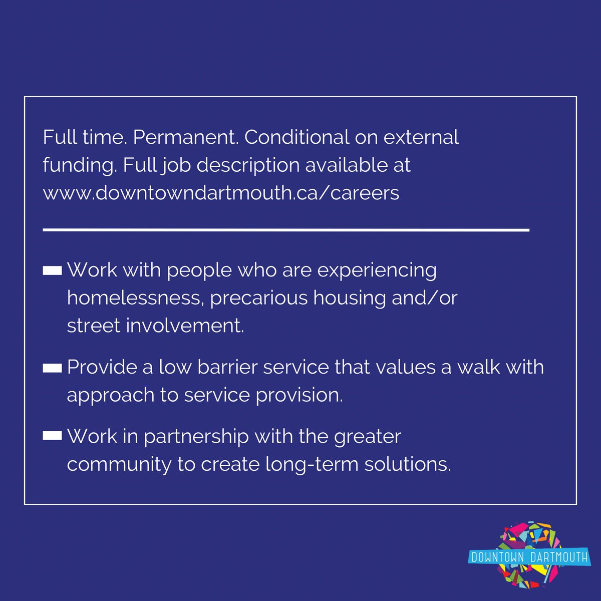 We are seeking a DT Dartmouth Street Outreach Navigator (DDSON) who will work with folks experiencing homelessness, precarious housing and/or street involvement. Applications due by Thursday, April 25, 2024. Find the full job description: drive.google.com/file/d/19oydrF…