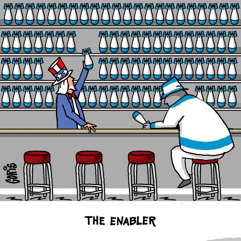 The enabler. Cartoon by @DennisGoris: buff.ly/4aJtJVC #USA #Israel #weapons #Gaza
