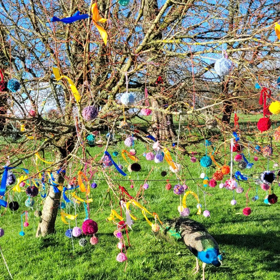 The peacocks have been giving our #Easter trail a go and it seems to have got the seal of approval! Which was your favourite activity? #peacocks #colourful #yarnbombing #duckandspoonrace #pompoms