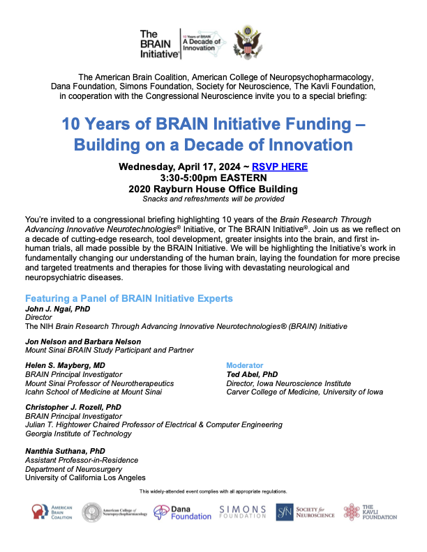 I'm excited to be part of this upcoming briefing with the US Congressional Neuroscience Caucus to talk about the value of interdisciplinary research funded through the NIH BRAIN Initiative on the program's 10th anniversary.