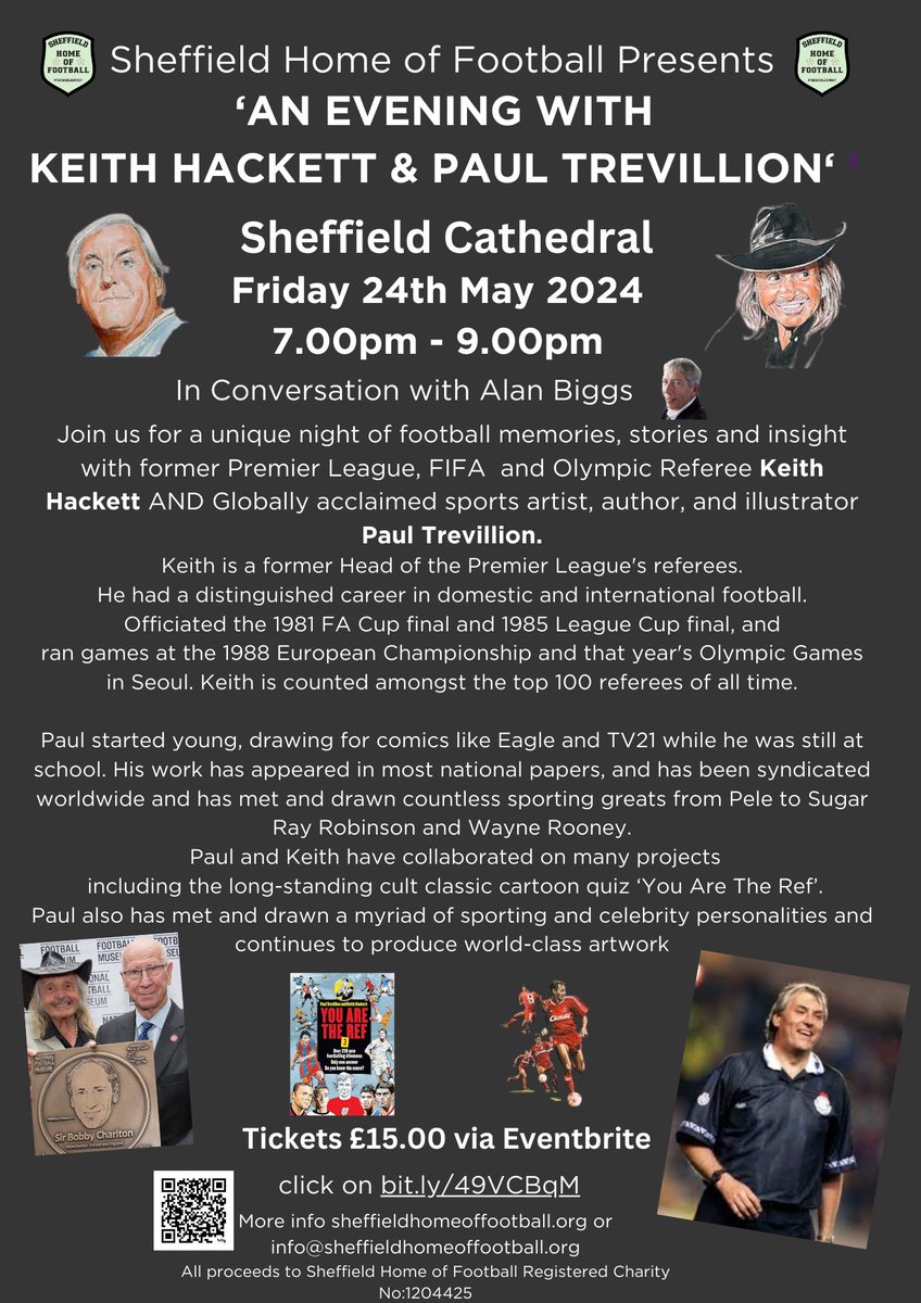 This is set to be a tasty evening at @sheffcath with @HACKETTREF and @PaulTrevillion in conversation with @AlanBiggs1 Please come along and support sheffieldhomeoffootball.org Bookings via Eventbrite here eventbrite.co.uk/e/853141287557…