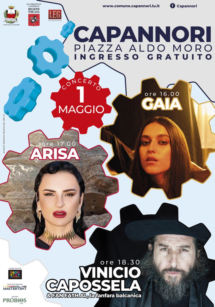 Vinicio Capossela &amp; Fan Fath Al, la fanfara balcanica, Arisa, Gaia, i protagonisti del Concertone del 1° Maggio a Capannori 
#Capannori 

tinyurl.com/nh2sj2dx