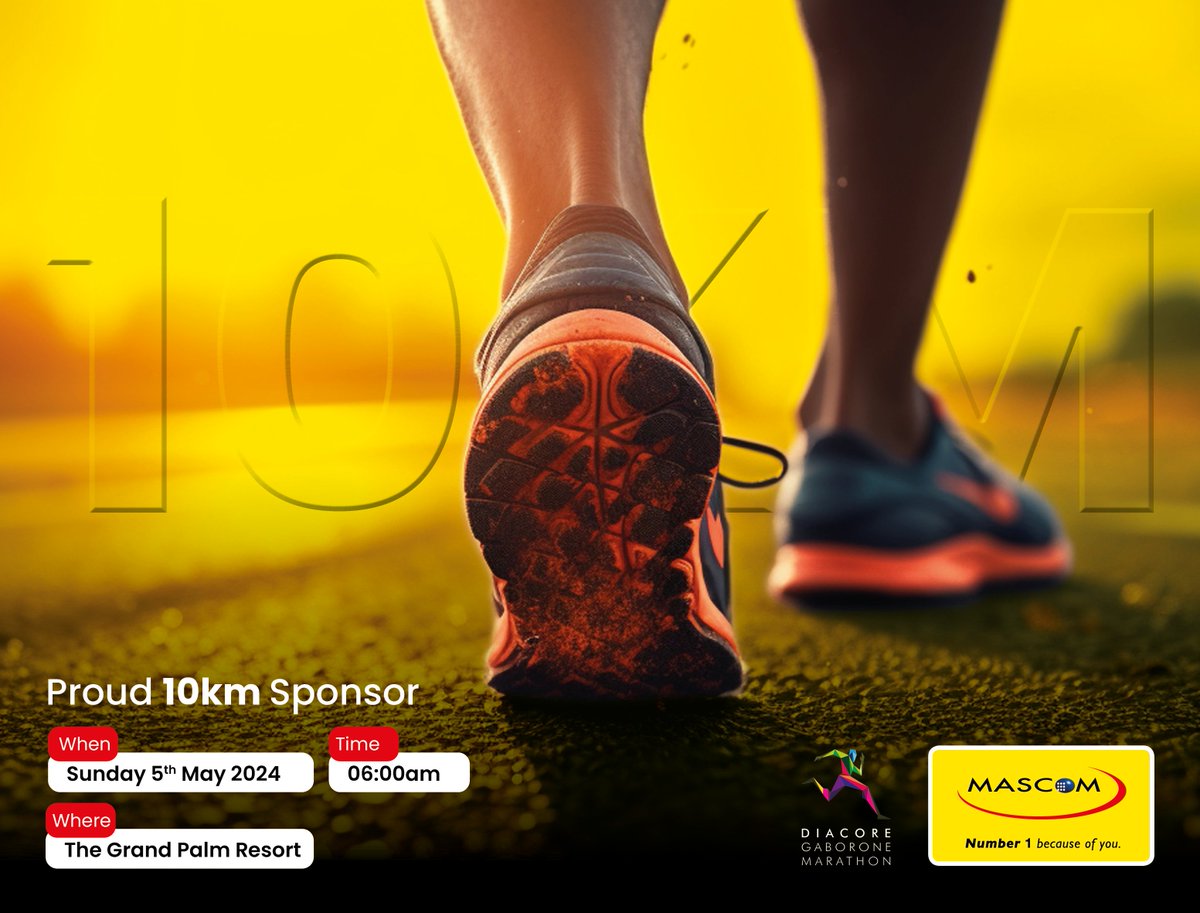 🗓️ Save the date! Mascom is the proud sponsor of the 10km Diacore Gaborone Marathon. Mark your calendars, gather your running squad, and get ready to hit the pavement for an epic day of fitness and fun. See you at the starting line! #DGM2024 #10kmSponspor #Number1BecauseOfYou