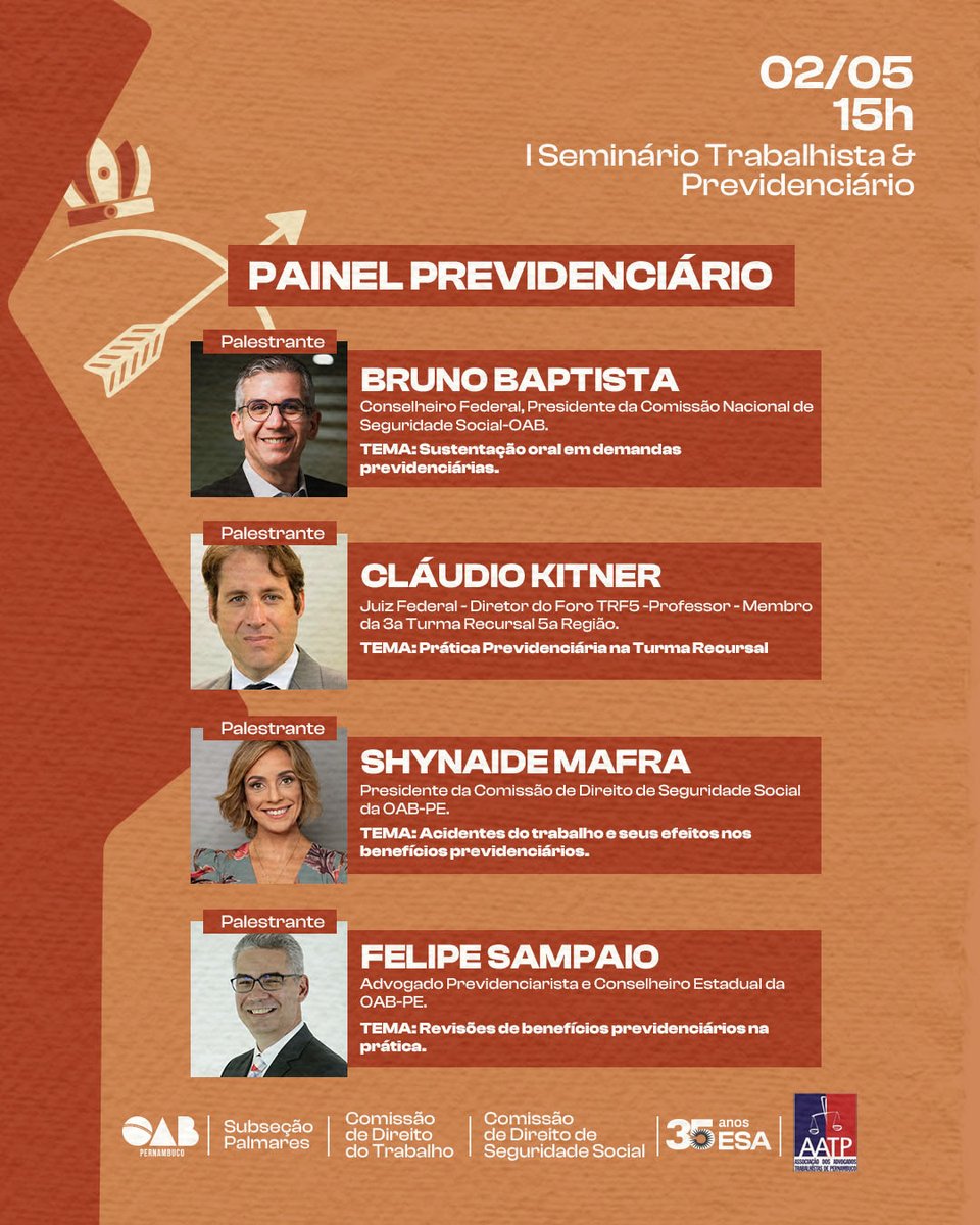 ESAOABPE's tweet photo. Dia 02 de maio temos um encontro marcado para o I Seminário Trabalhista e Previdenciário da OAB Palmares.  O encontro acontece a partir das 15h no Centro Municipal de Formação Profissional Professor Douglas Miranda Marques no município de Palmares. Não fique de fora! https://t.co/BrwnuCShIL