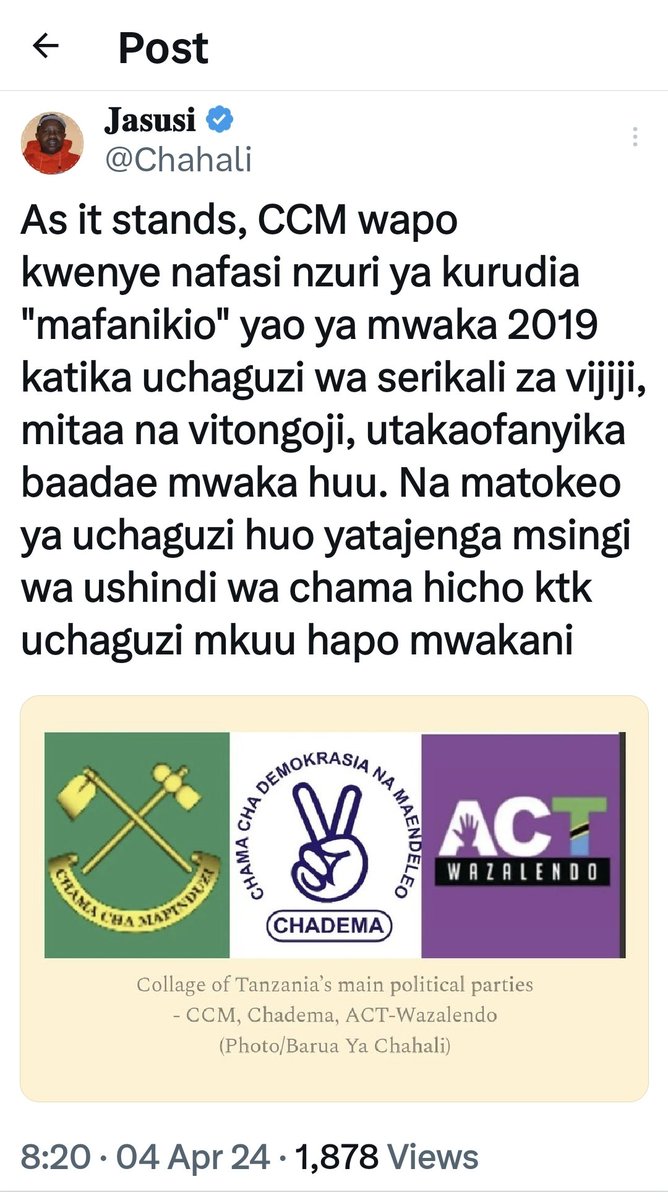 Chahali's tweet photo. #Catch24: kususia au la? Moja ya mambo wanayotofautiana @ChademaTz na @ACTwazalendo ni kuhusu kushiriki au kususia chaguzi. Chadema are in favour of kususia, while ACT wanaendelea kushiriki. Unfortunately kususia kunarahisisha ushindi kwa CCM, kutosusia kunahalalisha uchafuzi https://t.co/icLwe8fzLG