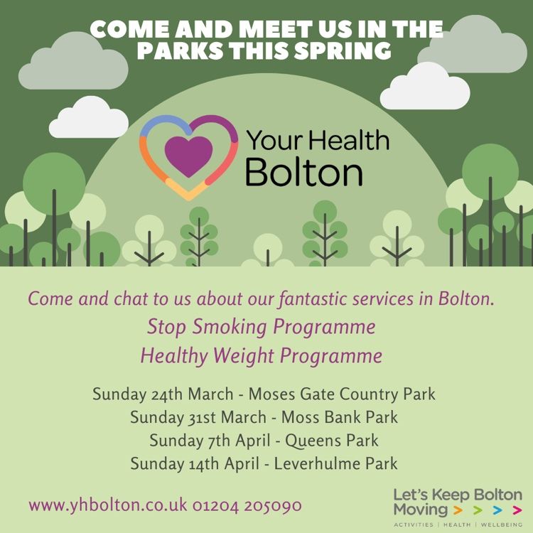 Queens Park this Sunday! - come and meet us and find out more about our #stopsmoking and #healthyeating free programmes for Bolton Residents. 01204 20 50 90 yhbolton.co.uk @ABLHealth @KeepBoltonMovin @boltoncouncil @boltongpfed