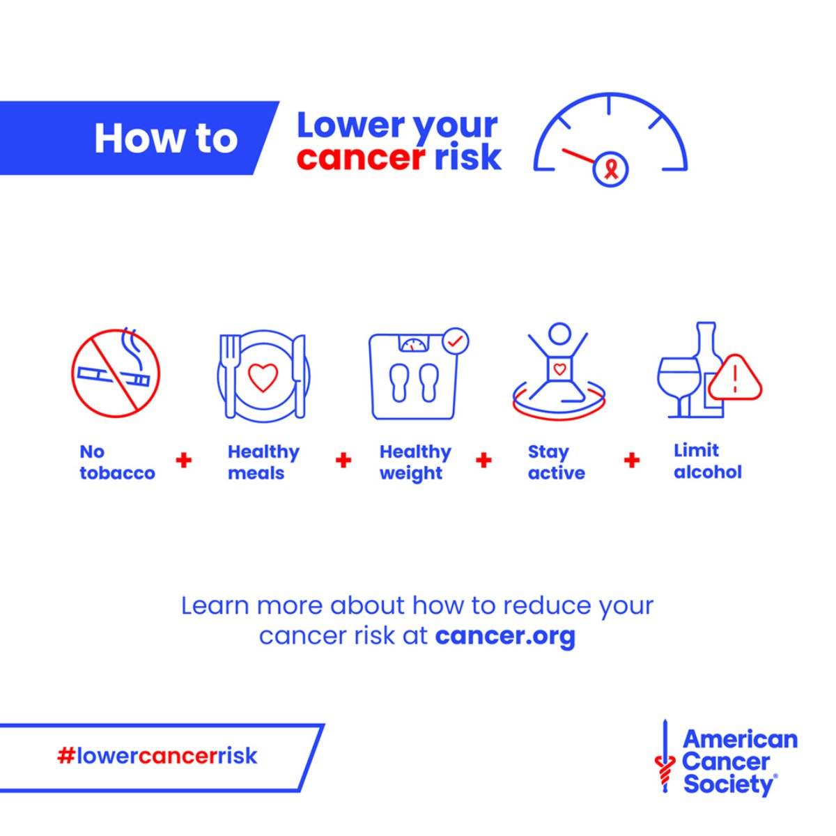 Avoiding tobacco is the number one way to lower your cancer risk. But eating right, maintaining a healthy weight, staying active, and avoiding or limiting alcohol are other great ways to lower your risk of cancer. Learn more at cancer.org.
