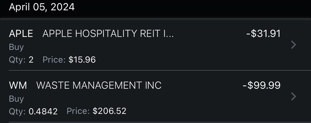 GrahamSchroeder's tweet image. Friday Freedom Fund purchase:
-2 Shares $APLE 🍎🏨
-$99.99 into $WM 🗑️🚛
#stackem