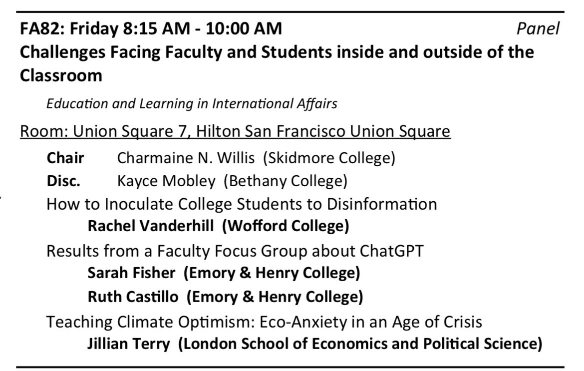 An excellent start to Friday at #ISA2024 - join us for a panel on teaching challenges and how to tackle them! I’ll be sharing our work to teach climate optimism on <a href="/TheLSECourse/">LSE100</a> - looking forward to a great discussion with Sarah Fisher, Rachel Vanderhill, and @thatdrwillis 💫