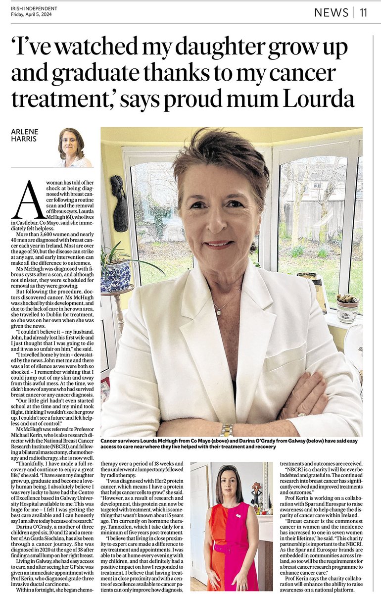 Great piece in today's @Independent_ie by @ArleneHarris11 featuring NBCRI Director Lourda McHugh and long-time supporter Darina O'Grady, coinciding with our Charity Partnership with @SPARIreland & @EUROSPARIreland . We are so grateful to have supporters and partners like these.