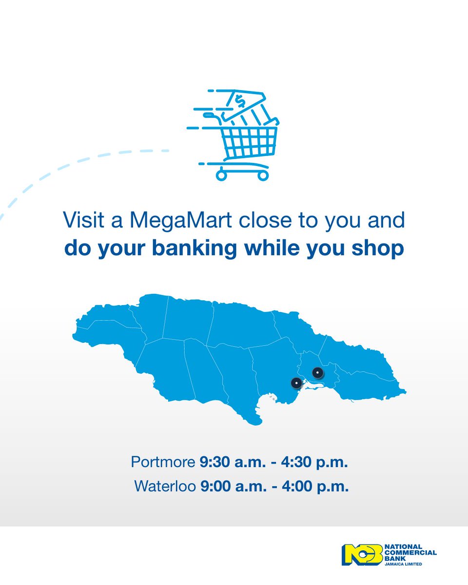 Bank while you shop this Saturday April 6 at Mega Mart Waterloo & Portmore: · Bank Statements on the go · Debit Card and Token Issuing · Online Banking support · Quick dispute resolutions · Update KYC documents