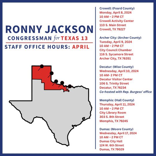 My congressional staff will be hosting office hours for constituents of TX-13 in Crowell, Archer City, Decatur, Memphis, and Dumas. No appointment is necessary! More details are below and can be found on my website, jackson.house.gov/news/documents…