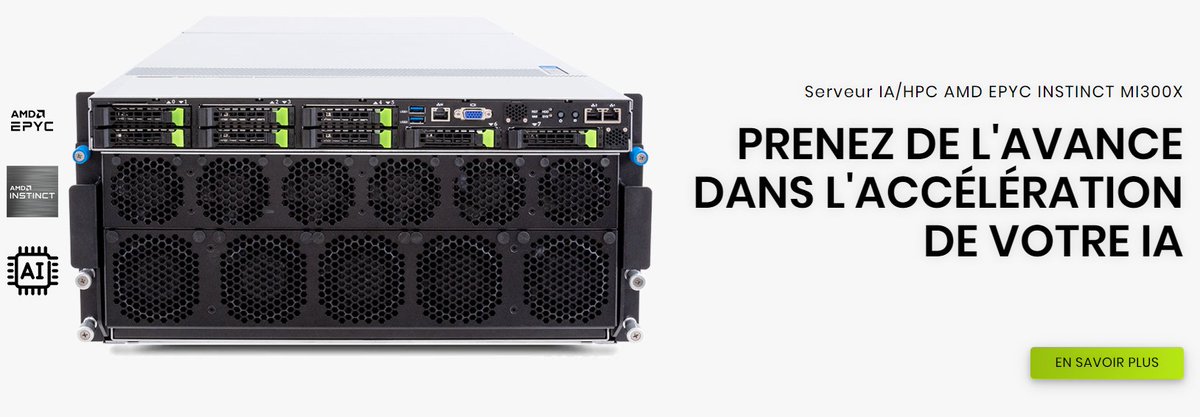 Découvrez notre super serveur IA/HPC rackable, une solution de pointe combinant la puissance de calcul des processeurs AMD EPYC série 9004 avec 3D V-Cache ainsi que les modules GPU INSTINCT MI300X OAM. Conçu pour répondre aux besoins les plus exigeants en matière d'IA.