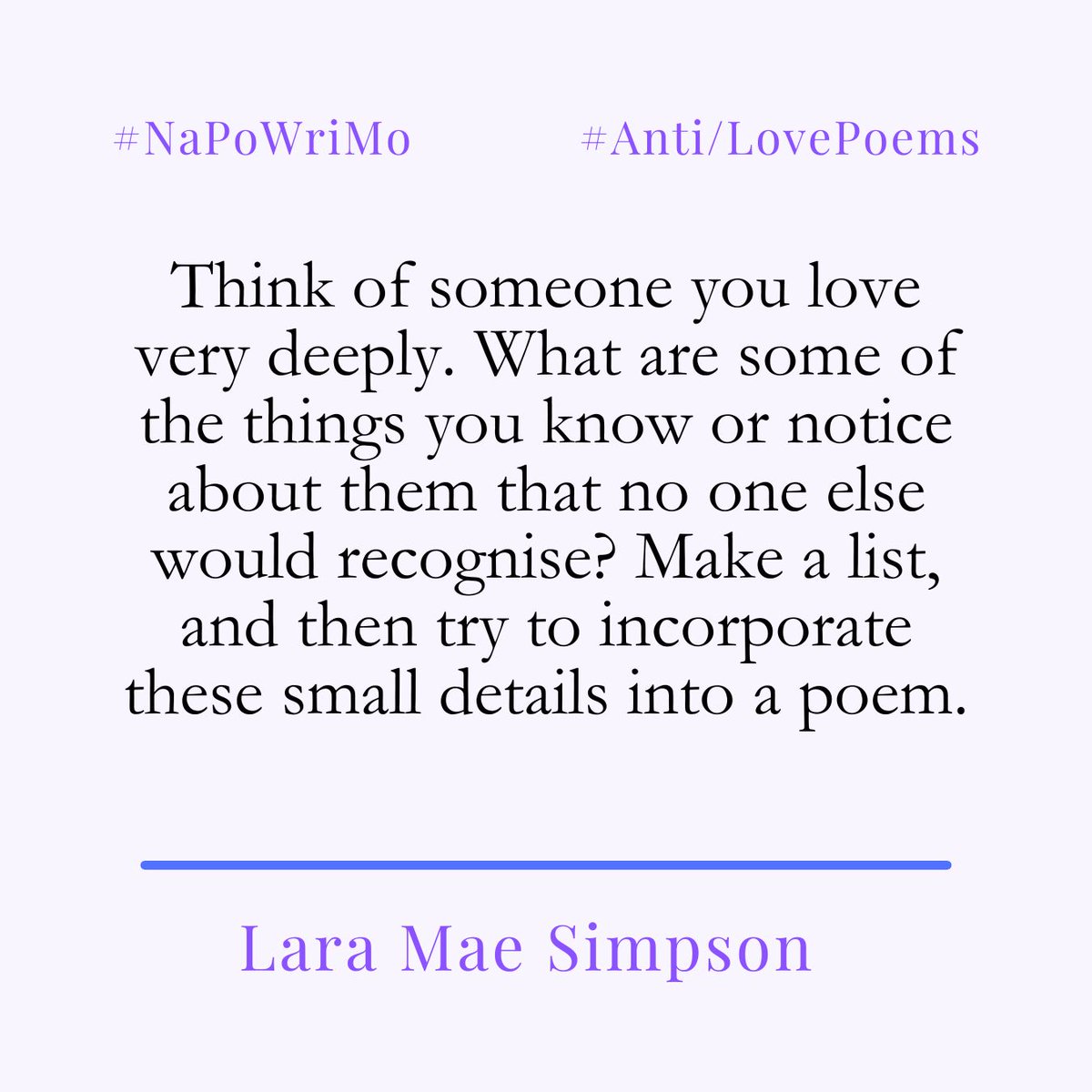 Happy #NaPoWriMo!

The challenge to write a poem every day of April has begun and to help you on your way The Poetry Society will be providing a prompt each day - today's is from Lara Mae Simpson!

Check back here for more