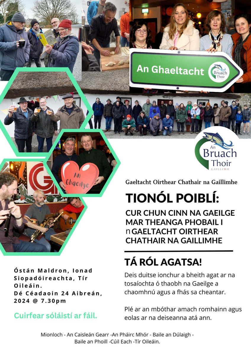 Tionól Poiblí do chur chun cinn na Gaeilge in Oirthear Chathair na Gaillimhe ✊ 📍 Óstán Maldron 📆 24/04/2024 @ 19:30
