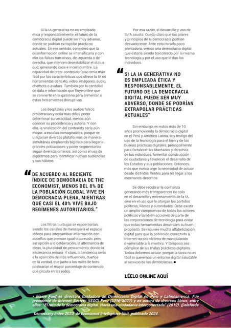 📣Si no lo leíste, te compartimos el artículo de #ElaineFord directora de #DemocraciaDigital titulado 'La IA y el futuro de la democracia digital' en donde analiza hacia dónde avanzamos y cuál es el futuro que nos espera. Accede➡️ democraciadigital.pe/blogs/articulo… #IA #AI #Tech4Good