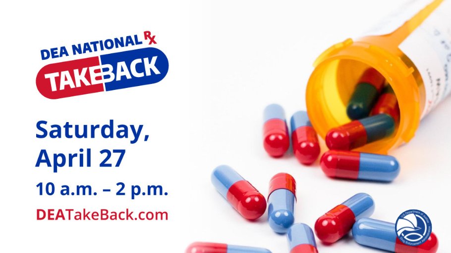 Circle the date, #TakeBackDay is April 27! This free event is a fast and simple way to make your community safe. Reduce the risk of your prescription meds getting lost, stolen or misused by cleaning them out and taking them back for safe disposal. bit.ly/35JM1tL