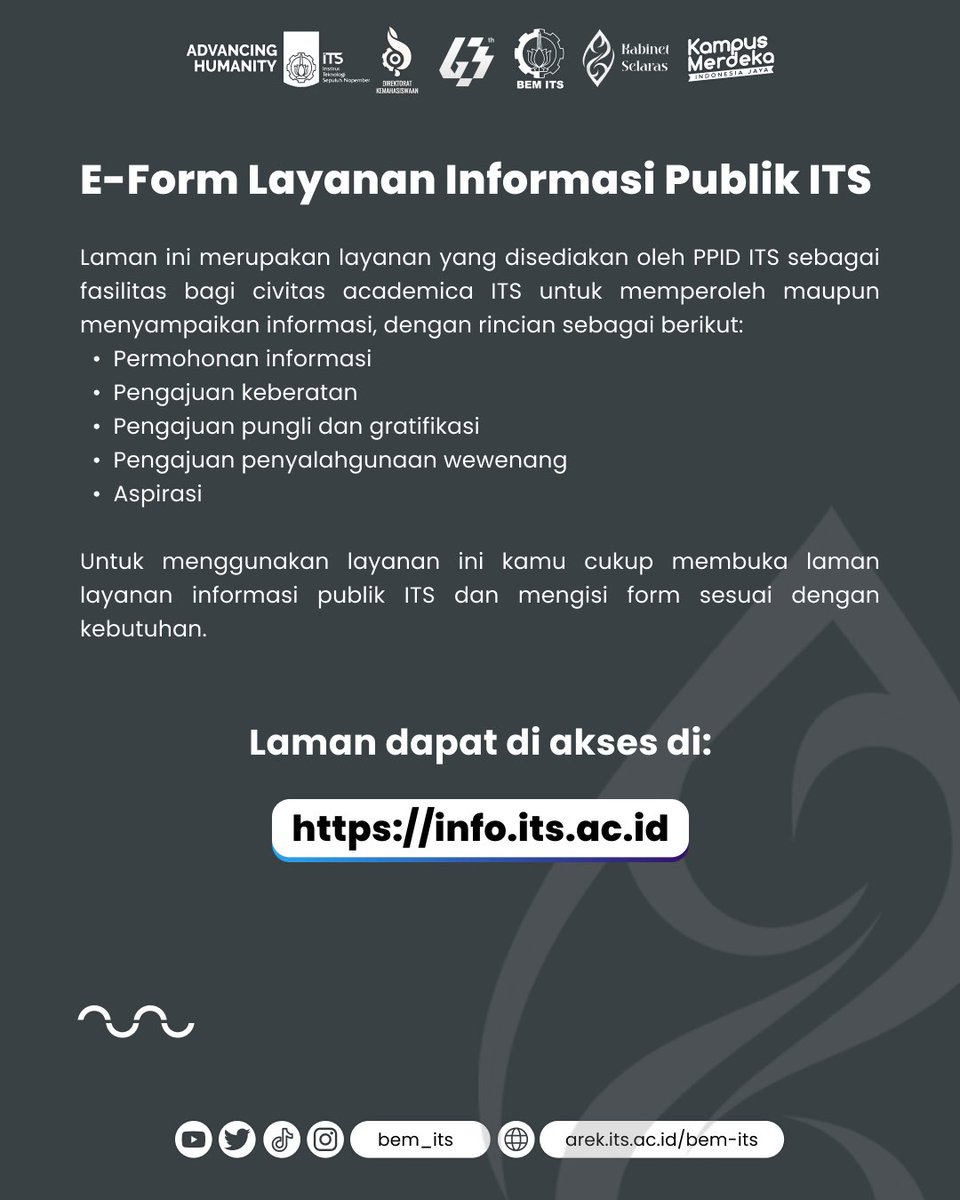 Halo KM ITS!👋🏻

Aku kalau butuh informasi bisa pergi kemana? Kemana aku bisa melaporkan penyalahgunaan wewenang yang aku temukan? Aspirasiku bisa disampaikan lewat mana ya?

Jika kalian memiliki pertanyaan serupa, mungkin tweet ini bisa jadi jawabannya.

#KMITS #JakpusSelaras