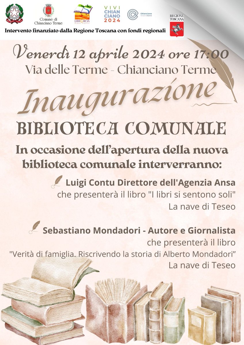 Una biblioteca comunale nuova e più ricca, l’inaugurazione con gli autori Luigi Contu e Sebastiano Mondadori
Venerdì 12 aprile alle ore 17:00 è in programma l’inaugurazione della nuova biblioteca comunale di Chianciano Terme (Via delle Terme)