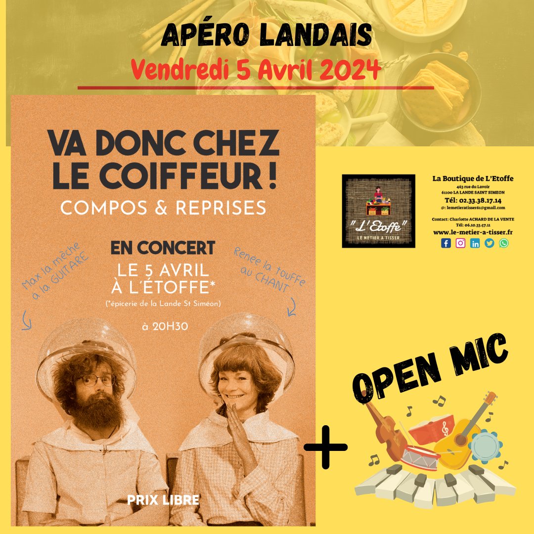 1ére partie: 'va donc chez le coiffeur' à 20H30
2éme partie: Open Mic

@followers

#orne #lalandesaintsimeon #létoffe
#saslemetieratisser #produitslocaux #circuitcourt
#circuitcourts #épicerie #epicerie #epicerielocale #evenement #concert #aperolandais