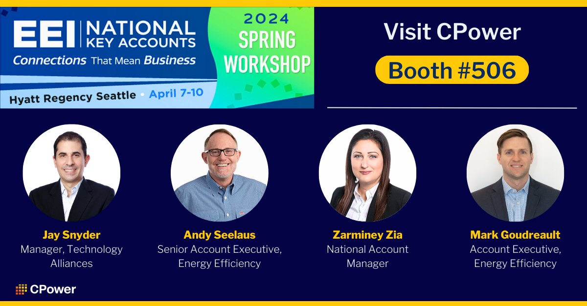 CPower will be at EEI National Key Accounts 2024 Spring Workshop next week! Be sure to stop by Booth # 506 to learn how you can unlock value of your #DERs by responding to the #grid’s needs for flexibility. ow.ly/y0yI50R8Vmu #VPP #EEINKA24