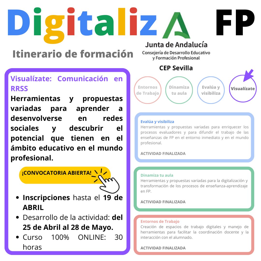 SEGUIMOS! 👏🏼Convocatoria Regional del Itinerario #DigitalizaFP 🟣#Visualízate 'Comunicación en RRSS' para 🧑🏼‍💻👩🏽‍💻Profesorado de Formación Profesional 👨🏻‍🔧👩🏽‍🍳👨🏽‍🌾👨🏿‍🔬👩🏽‍🏭 📥INSCRIPCIONES hasta el 19 de ABRIL juntadeandalucia.es/educacion/secr…