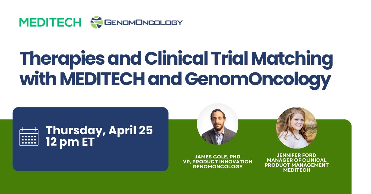 Join our webinar on Thursday, April 25 at 12 pm ET to learn how @MEDITECH & GenomOncology streamline clinical trial & therapy matching directly within #Expanse Genomics. Register today! genomoncology.zoom.us/webinar/regist… #PrecisionMedicine #clinicaltrials #webinar