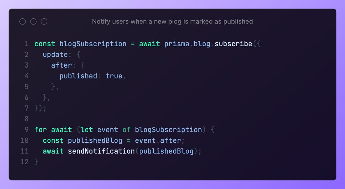📮 Want to notify your users when new blog posts are marked as published? 💡 Prisma Pulse allows you to place filters on your subscription for you to do that. 👉🏽 Learn more in our docs: prisma.io/docs/pulse/api…