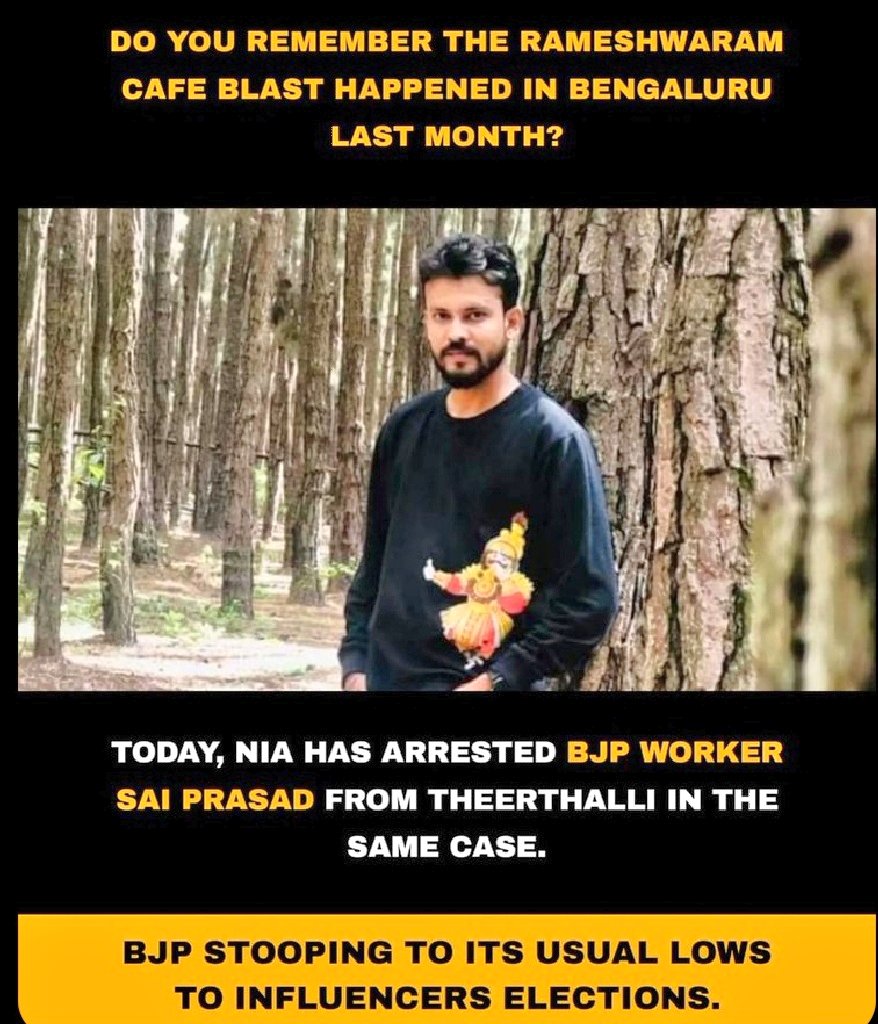 INCcongrss's tweet image. Today, NIA has arrested BJP worker
Sai Prasad in Rameshwaram Cafe Bl@st case in Bengaluru. Godi Media is silent for obvious reasons. 

#RameshwaramCafeBlast