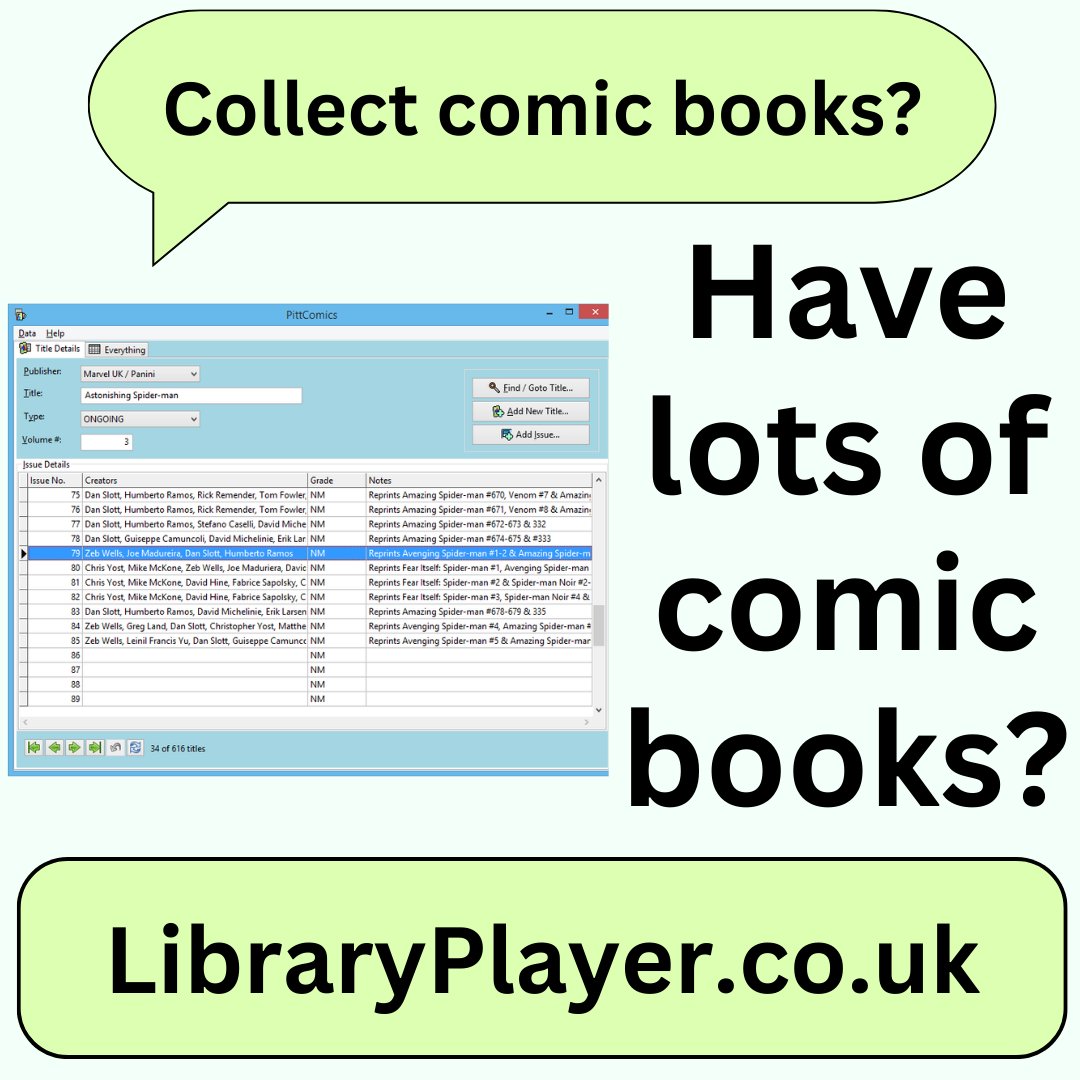 Have a large comic book collection that you need to sort through? Struggle to keep track of what you have?

Catalogue, organise & keep track of your comic books using PittComics!

Download a free trial at:
libraryplayer.co.uk/2023/02/pittco…

#comicbooks #comiccollecting #comiccollection