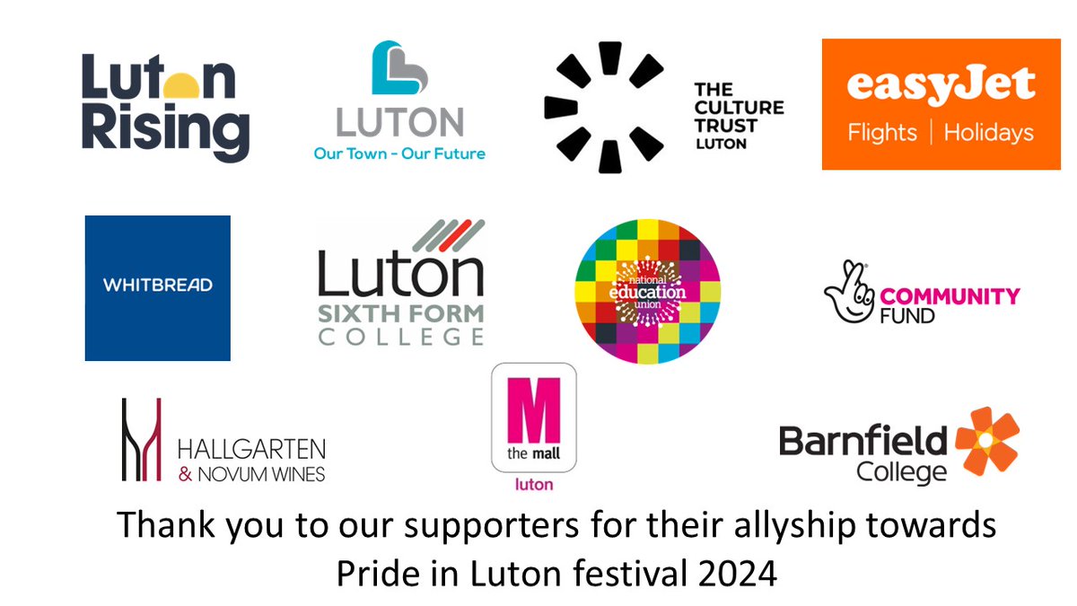 Thank you to all of our current supporters for #prideinluton festival 2024. There is still time for your organisation to get involved. Find out more here: prideinluton.org/corporate-supp…