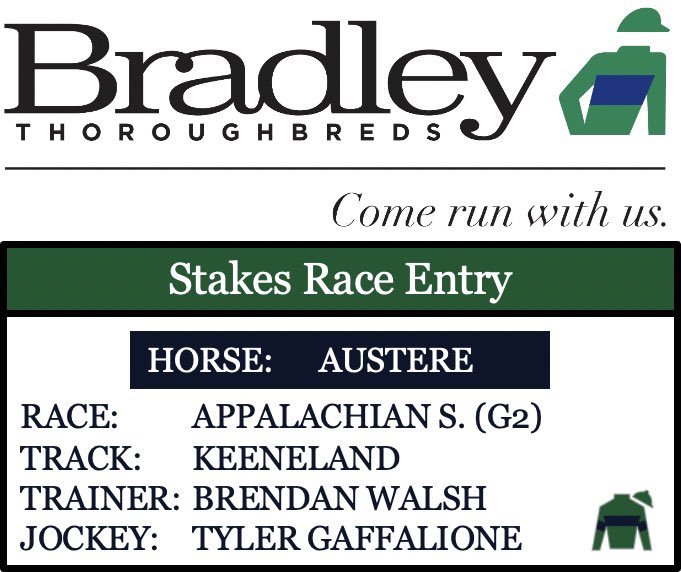 Listed Stakes winning filly, AUSTERE (by @coolmoreamerica’s Mendelssohn) runs in the Gr. 2 Appalachian S. at @keenelandracing tomorrow! @Tyler_Gaff has the mount for @brenpwalsh. #comerunwithus
