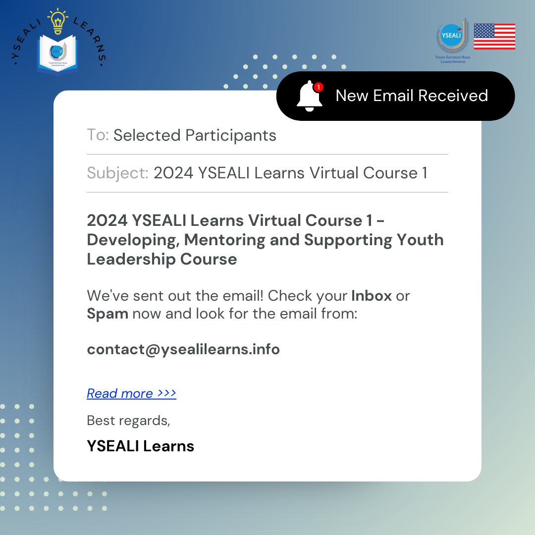 👏🏼 🥳 Congrats to the selected participants of the #YSEALILearns Virtual Course 1 - Developing, Mentoring and Supporting Youth Leadership course! Check your email 📨 inbox/spam now for further details regarding the upcoming course 👥 See you soon! #LearnWithUS