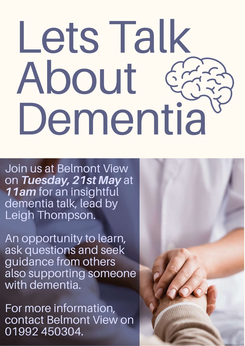 Join us at Belmont View, our Hoddesdon care home, for an insightful Dementia Talk on Tuesday, 21st May at 11am. A chance to learn, ask questions, share and talk with others also supporting someone with dementia. #Dementia #Support #QuantumCare #BelmontView