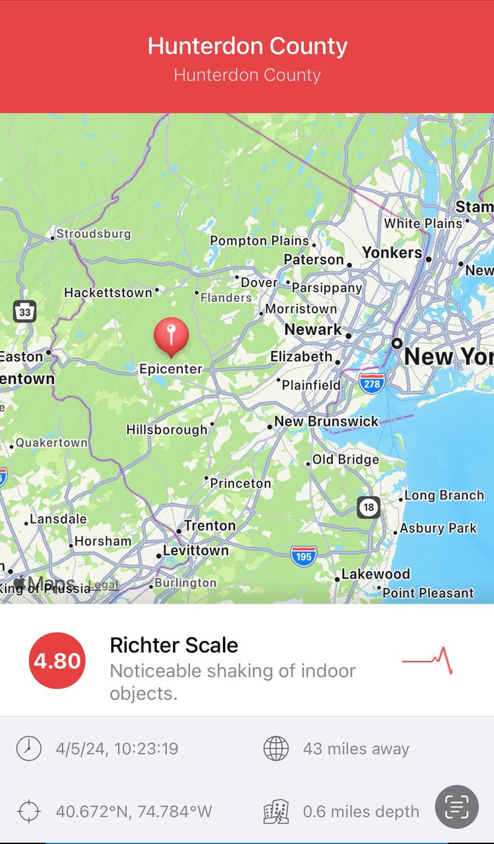 Shakes felt in Security Council Chamber a few mins ago. According to earthquake app, the epicenter was 43 miles west of NYC in Hunterdon County.