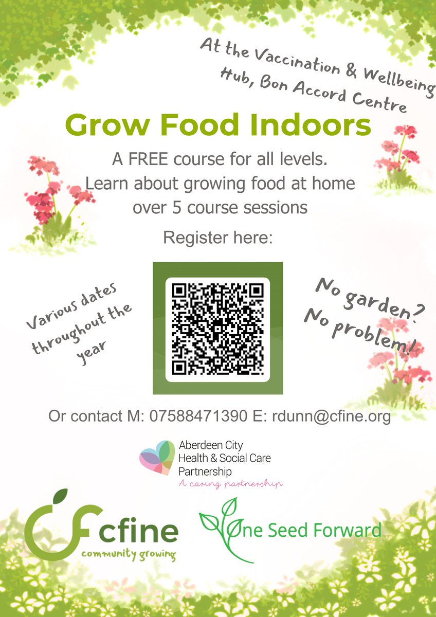 🌱Grow Food Indoors Course Want to learn how to grow food indoors? Join this FREE course! Suitable for all abilities, you will learn everything you need to know from types of soil to how plants grow to harvesting produce First session 16th April so get in touch! @CFINEAberdeen