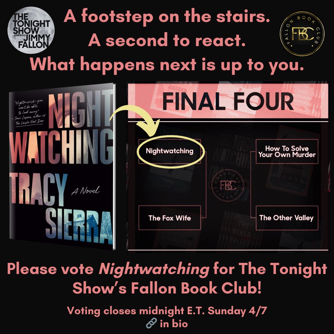 Please choose Nightwatching to get to the finals of @FallonTonight's March Madness-style book club contest! Thank you to everyone voting, I'm so grateful that Nightwatching has made it this far ❤️❤️❤️ the-tonight-show.com/fallon-book-cl… @VikingBooks