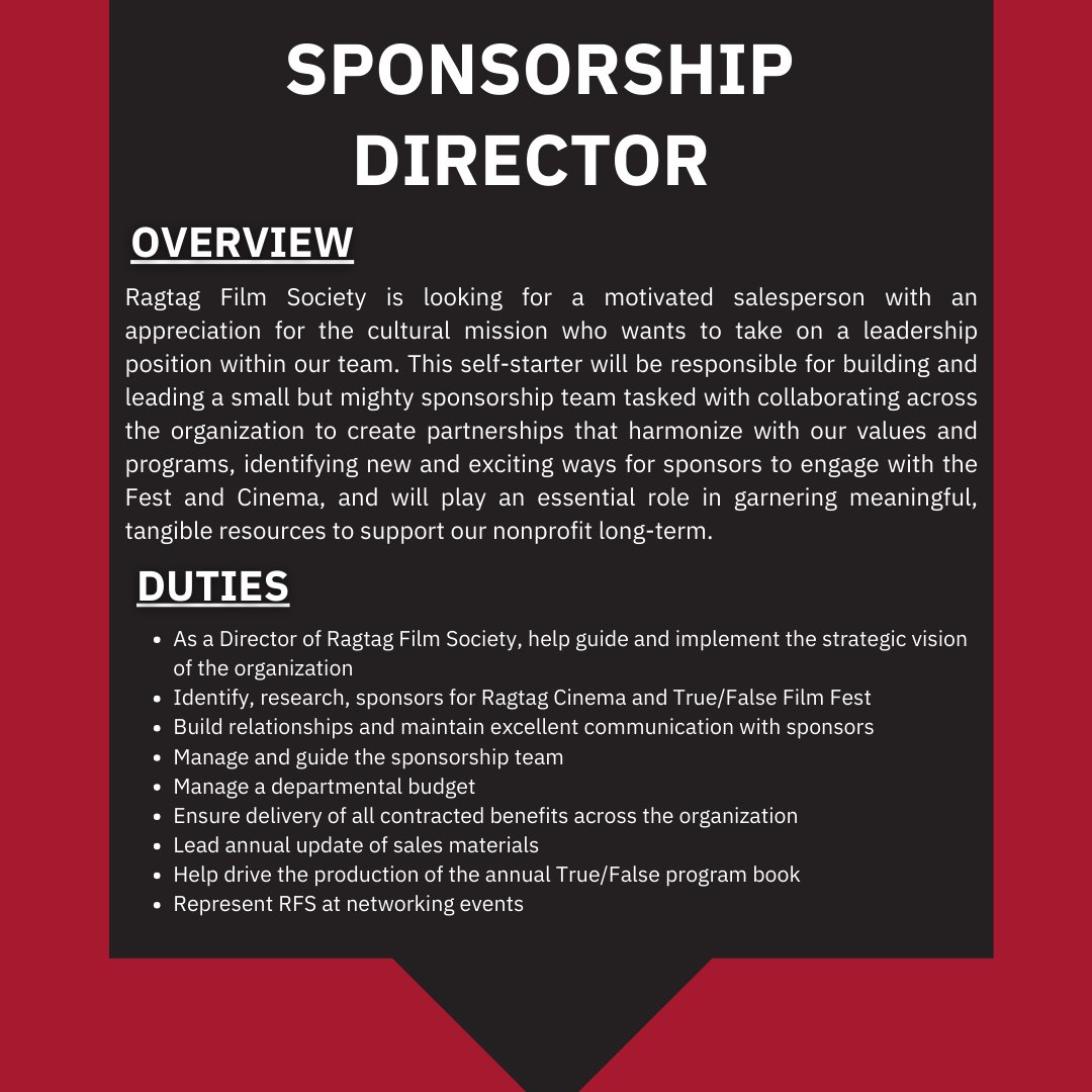 Ragtag Film Society is hiring a Sponsorship Director! To see the full listing and how to apply to this opportunity, visit truefalse.org/about/festival…