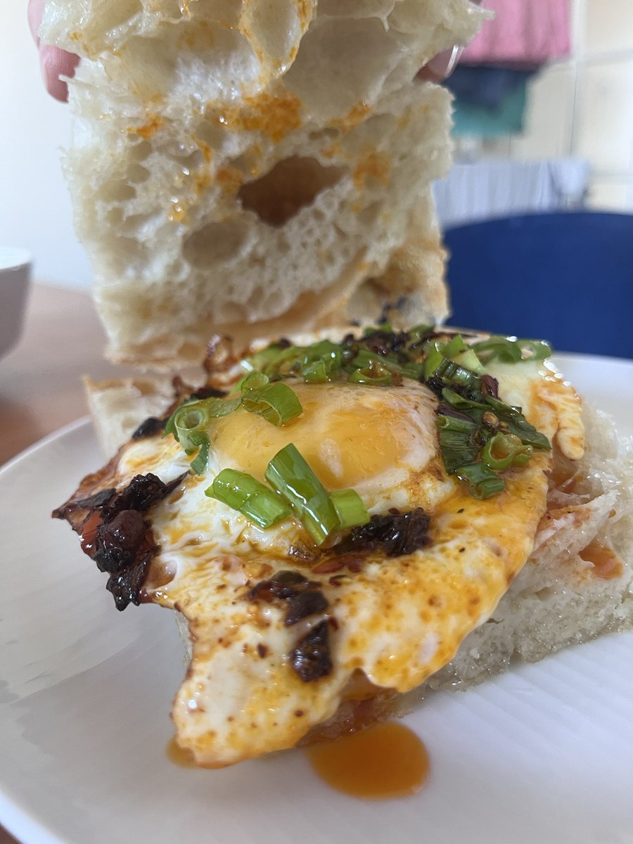 Made focaccia last night, my partner combined it with a laoganma crispy fried egg. A perfect breakfast.