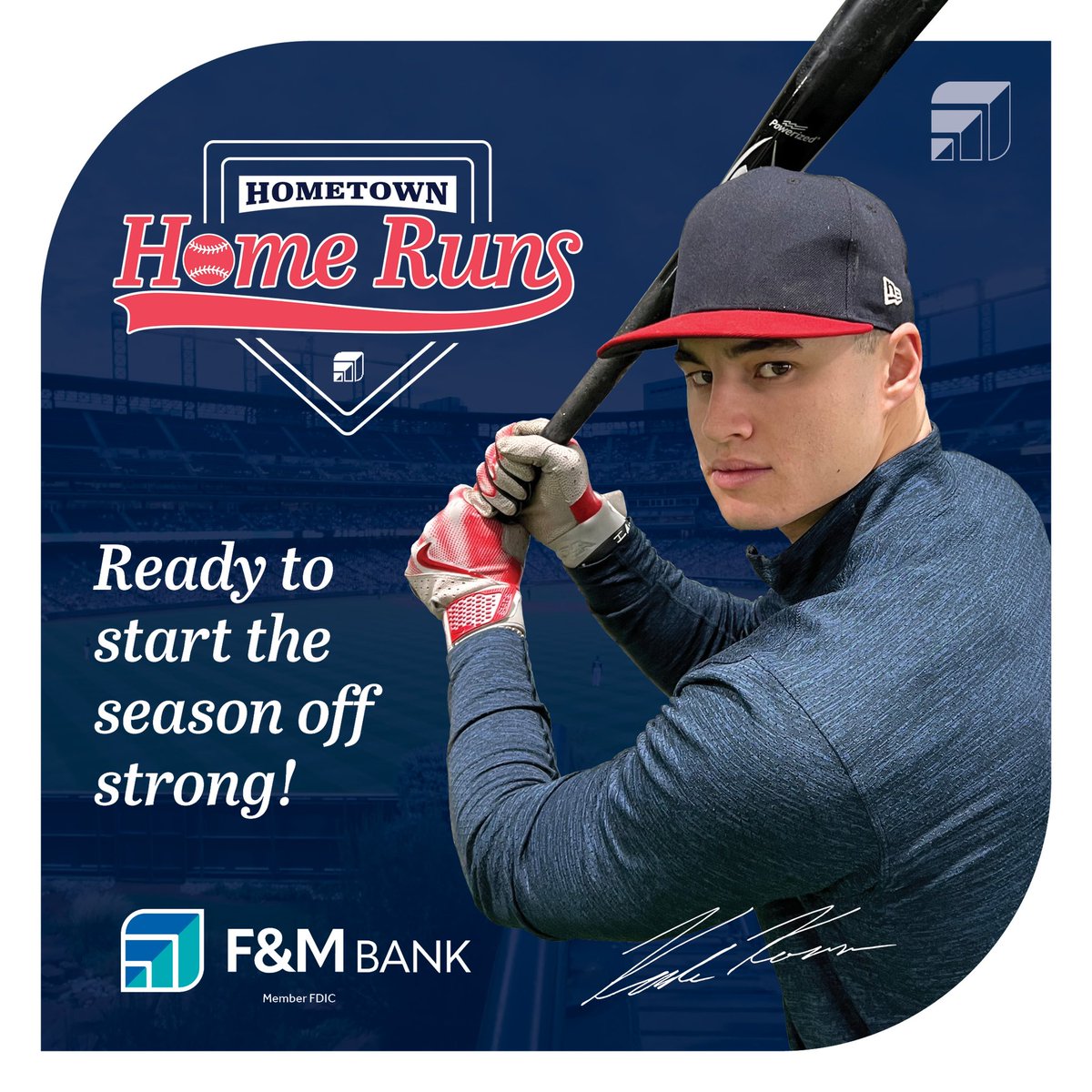 It’s Opening Day and the launch of “Hometown Homeruns.”
F&M will donate $500 to a local charity every time I hit a home run.
Let’s go get it. 
#brandpartnership #fmbank #openingday