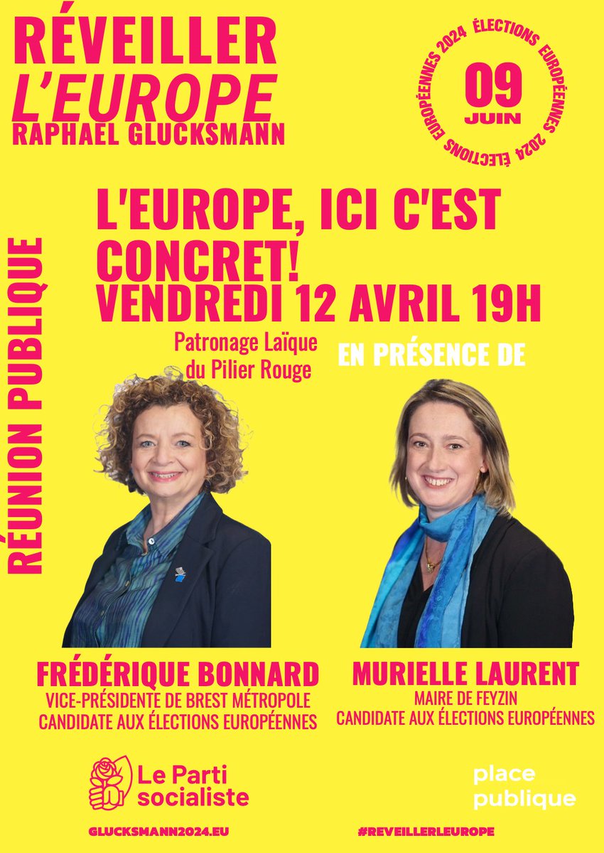 🇪🇺🌹Vendredi prochain 🗓️12/04 ⌚️19h00 📍Patronage laïque du Pilier Rouge Frédérique Bonnard et Murielle Laurent animeront une réunion publique pour expliquer que l’Europe, ici, c’est concret ! #Brest #ReveillerLEurope ps29.org/communiques/le…