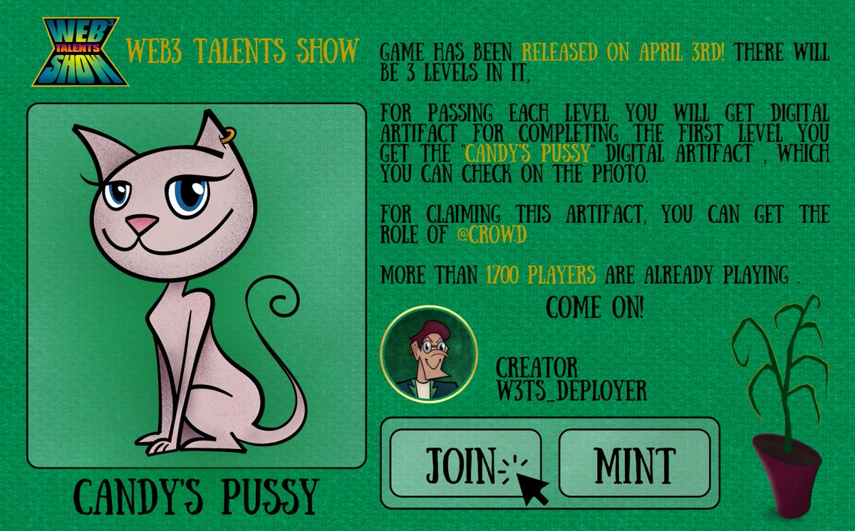 web3talentsshow's tweet photo. 🐈 "Candy's Pussy” are making their owners grin from ear to ear!

With over 500 digital artifacts minted and a whopping 1700+ players already in the mix, things are heating up.

Dive into the Web3 Talent Game, hustle to conquer the first level, and claim your kitty before Season 2 hits the scene.

Design was prepared by our friend @dagshsvd

PLAY NOW and let the games begin! 👇
https://t.co/cJWFgbGY8v
