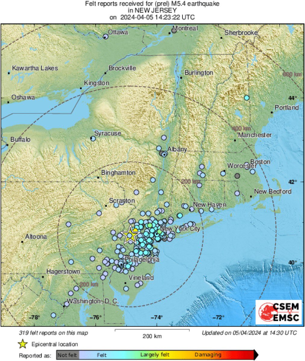 NYC, NJ EARTHQUAKE: Preliminary magnitude 4.8 earthquake occurred a short time ago 18 miles north of Plainfield, NJ (magnitude via USGS). This data is unofficial and will be refined as we move forward. No tsunami risk is anticipated.