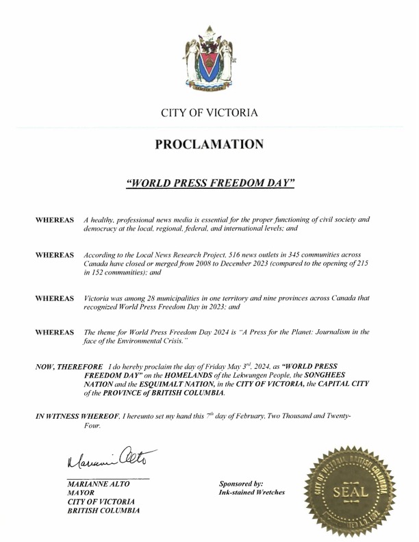 THANK YOU @MarianneAlto for proclaiming May3rd as #WorldPressFreedomDay in @CityOfVictoria! #countdown to #WPFD2024 For details & map, visit ink-stainedwretches.org/campaigns.html @CCUNESCO @Ximqi @CDN_WPF @smccarthy55 @FCM_online @UBCM @jen_ford @hirider750 @RobReid30 @ChuckHowitt @caj @UN