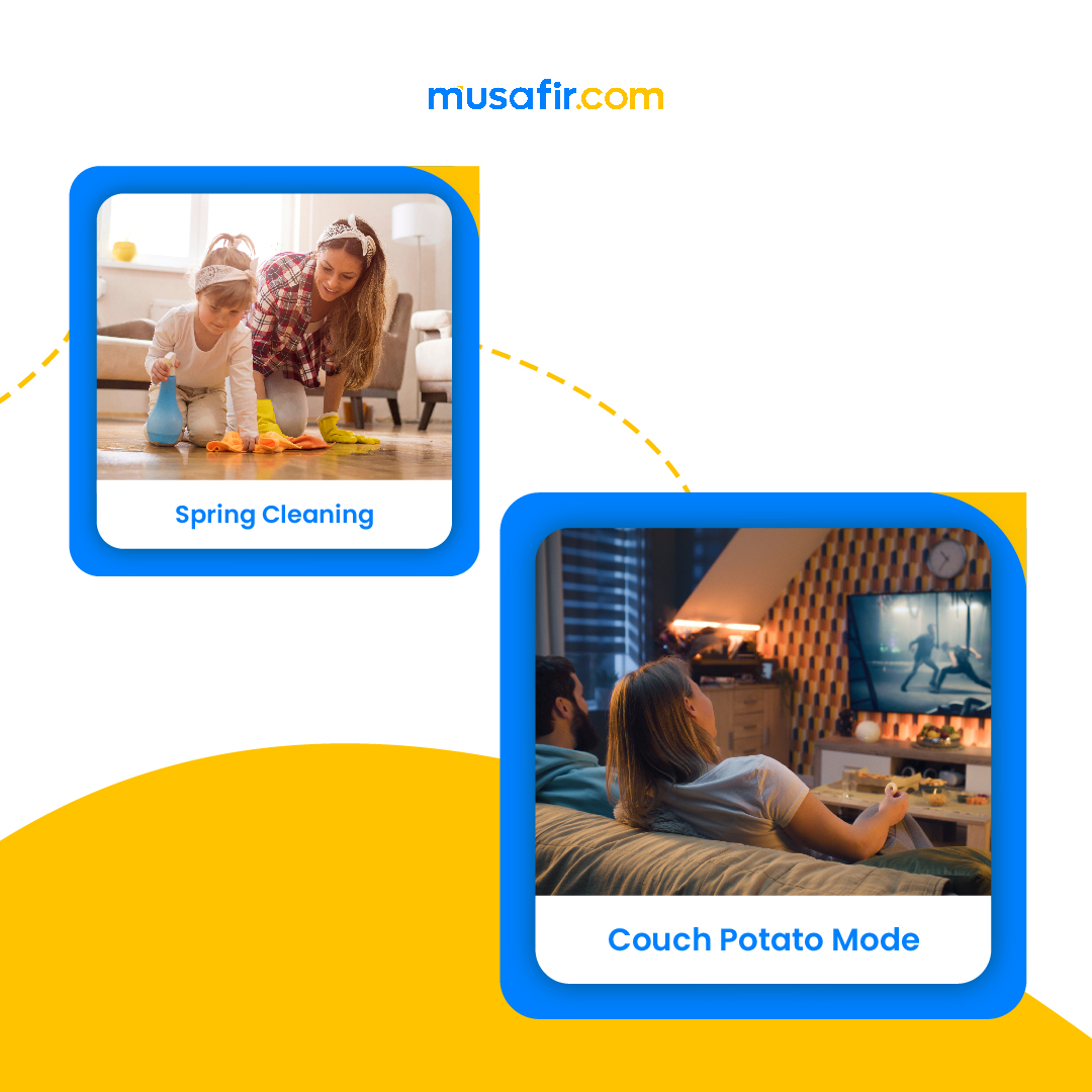 What will you be doing? 1. Travel the World 2. Fun with Friends 3. Spring Cleaning 4. Couch Potato Mode Which one is it going to be for you? Tell us in the comments below. #musafirdotcom #IamMusafir #Eidholidayscountdown #eidholidays