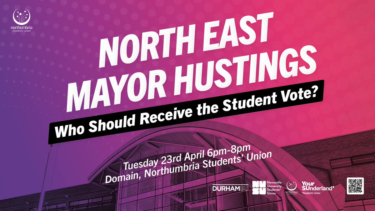 Join us on April 23rd to hear from the 6 candidates hoping to be elected as the first North East Mayor, what they will do for students and why they think they deserve your vote 🗳️ Open to both students and the public, get your free ticket here buff.ly/3U89VpH 🎟️