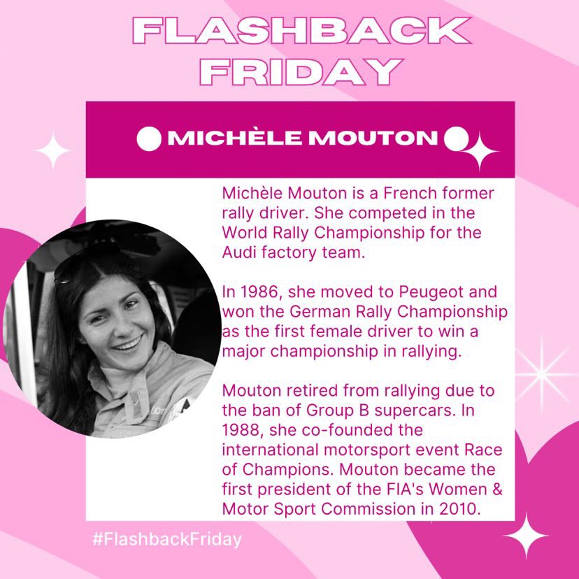 WIAMRMag's tweet photo. Flash back Friday 🩷🖤
Today we look at Michèle Mouton 🏁🏎️

#f1 #formula1 #f1academy #f2 #f3 #fe #susiewolff #michelemouton #motorsport #womeninmotorsport #womeninformula1 #girlsontrack #wiamr #wiarmmag https://t.co/E3weZxYs62