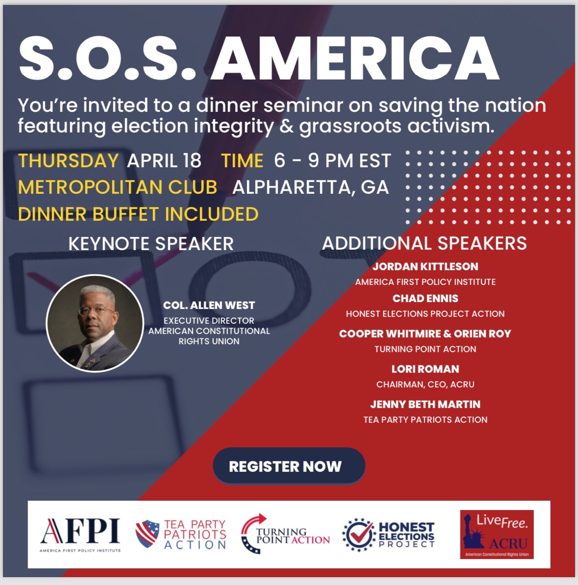 Join our friends @TPAction_ @A1Policy @TPPatriots @honestelections & @The_ACRU for SOS America! They’ll be covering a range of topics from election integrity to grassroots activism with @AllenWest 👇 Signup here: events.theacru.org/saving-the-nat… #gapol