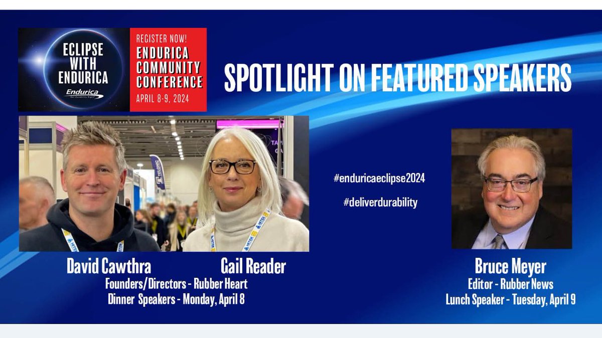 #RubberHeart’s <a href="/DavidCawthra/">David Cawthra</a> &amp; <a href="/GailReaderRH/">Gail Reader</a> and @BMeyerRPN, Editor of <a href="/RubberNews/">Rubber News</a> will be featured speakers at the Eclipse with Endurica Community Conference next week!

See more at: endurica.com/eclipse-with-e…

#EnduricaEclipse2024 
#DeliverDurability 
#WinningOnDurability