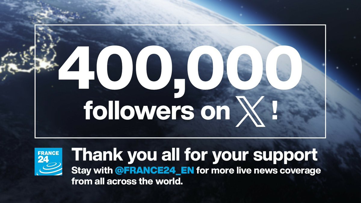 🎉 @FRANCE24_EN now has 400,000 followers on 𝕏! 🙏 Thanks to all of you for your continued support. 🌎 Stay with us for more live news coverage from all across the world.